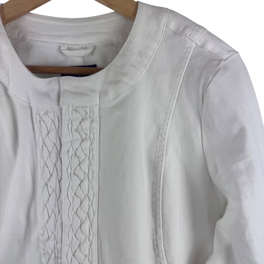 Isaac Mizrahi Live Denim Jacket Womens L White Braided Trim Hook Eye Collarless